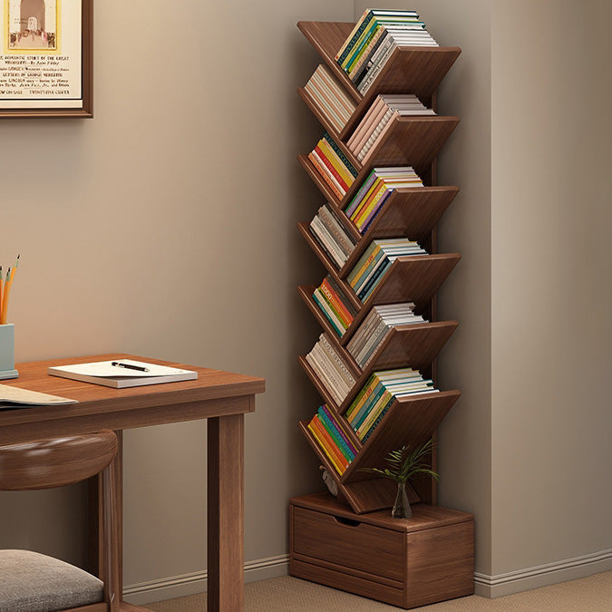 Contemporary Tree-Shaped Solid Wood Bookshelf with Drawer - Eco-Friendly Living Room Storage
