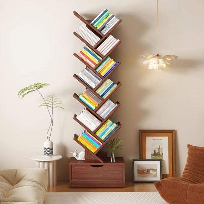 Contemporary Tree-Shaped Solid Wood Bookshelf with Drawer - Eco-Friendly Living Room Storage