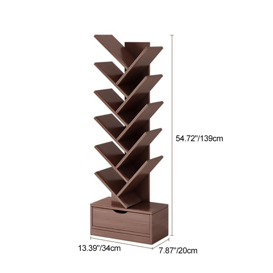 Contemporary Tree-Shaped Solid Wood Bookshelf with Drawer - Eco-Friendly Living Room Storage
