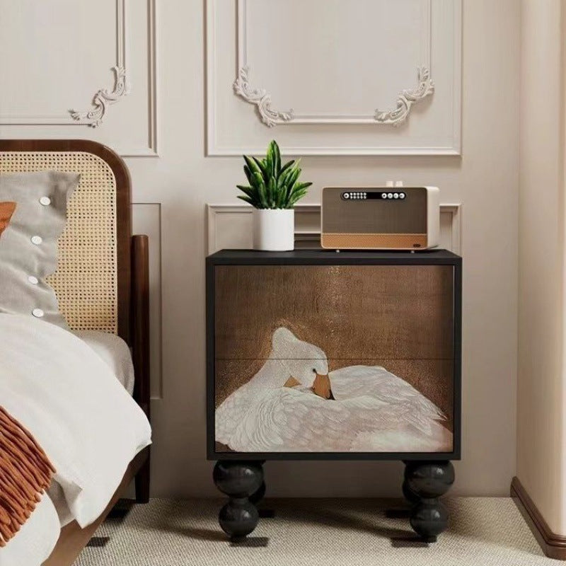 Traditional French-Style Pine Wood Nightstand – Solid Wood with 2 Drawers, Square Nightstand for Bedroom