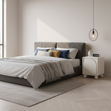 Modern Scandinavian Cream Nightstand with One Cabinet – Sculpted Arch Door & Ball-Legged Bedside Table for the Bedroom