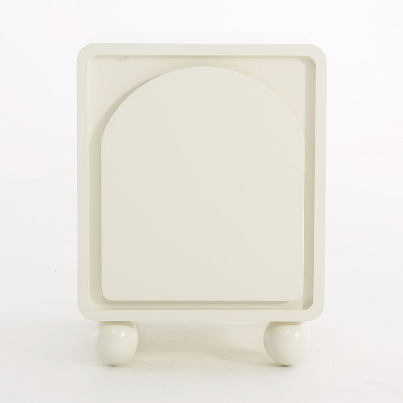 Modern Scandinavian Cream Nightstand with One Cabinet – Sculpted Arch Door & Ball-Legged Bedside Table for the Bedroom