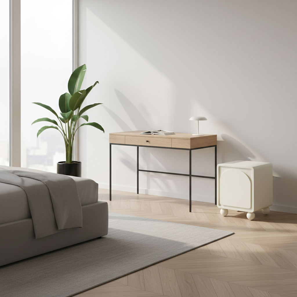 Modern Scandinavian Cream Nightstand with One Cabinet – Sculpted Arch Door & Ball-Legged Bedside Table for the Bedroom