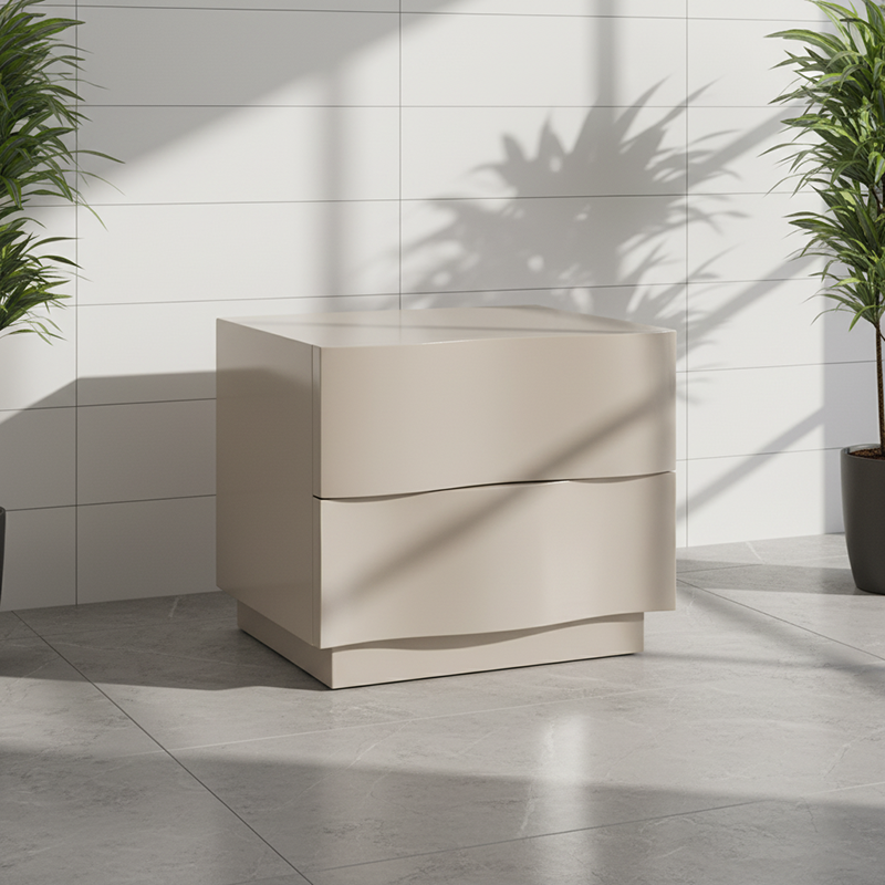 Modern Scandinavian Beige 2-Drawer Storage Nightstand with 3D Wave Pattern Fronts – Sleek Bedside Table for the Bedroom