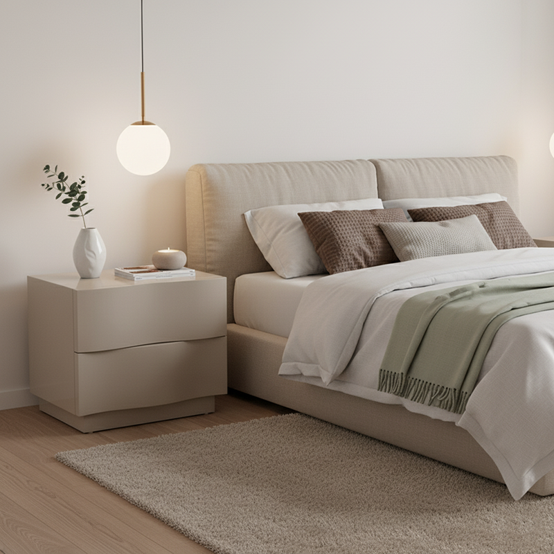 Modern Scandinavian Beige 2-Drawer Storage Nightstand with 3D Wave Pattern Fronts – Sleek Bedside Table for the Bedroom