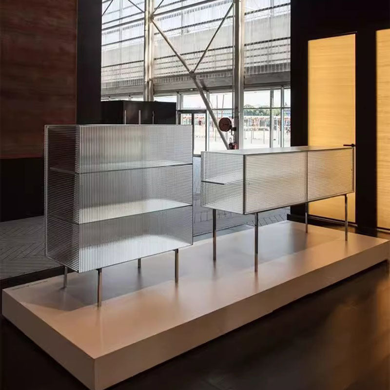 Modern Luxury Square Tempered-Glass Sideboard with Stainless Steel Legs - 1-Cabinet Dining Room Storage