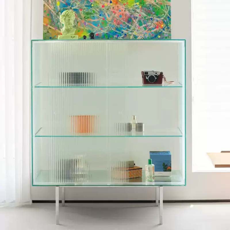Modern Luxury Square Tempered-Glass Sideboard with Stainless Steel Legs - 1-Cabinet Dining Room Storage