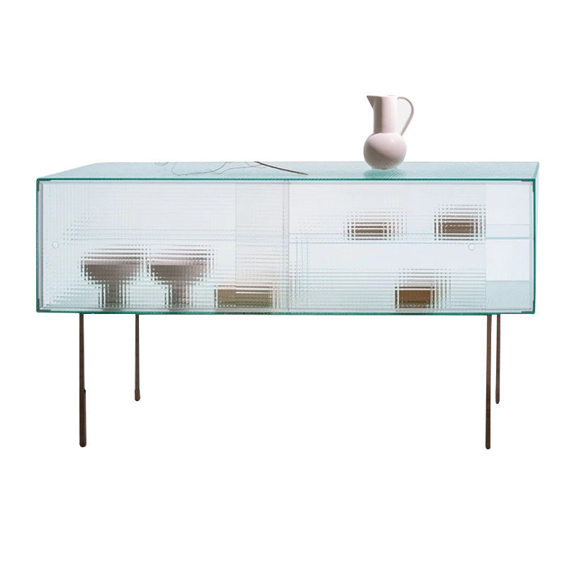 Modern Luxury Square Tempered-Glass Sideboard with Stainless Steel Legs - 1-Cabinet Dining Room Storage