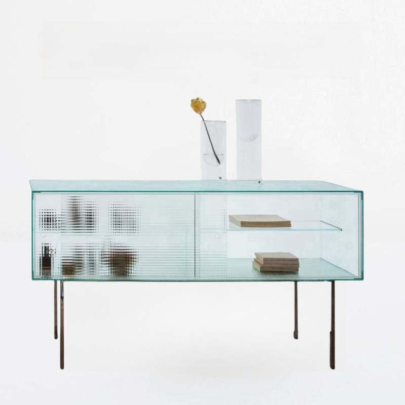 Modern Luxury Square Tempered-Glass Sideboard with Stainless Steel Legs - 1-Cabinet Dining Room Storage