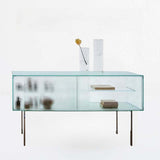 Modern Luxury Square Tempered-Glass Sideboard with Stainless Steel Legs - 1-Cabinet Dining Room Storage