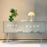 Modern Luxury Square Tempered-Glass Sideboard with Stainless Steel Legs - 1-Cabinet Dining Room Storage