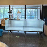 Modern Luxury Square Tempered-Glass Sideboard with Stainless Steel Legs - 1-Cabinet Dining Room Storage