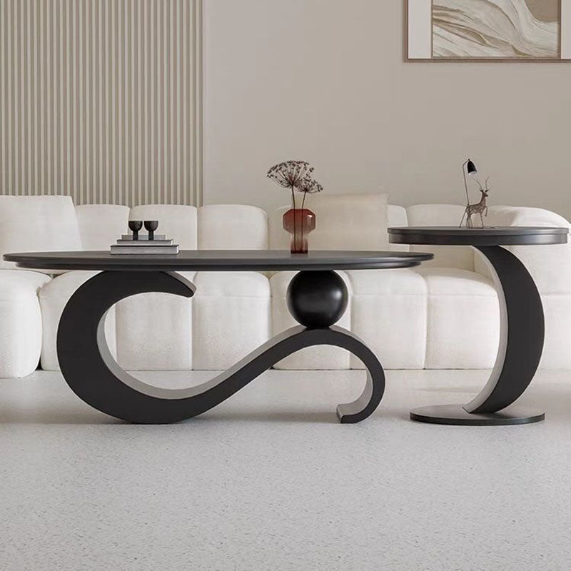 Contemporary Scandinavian Oval Stone-Slab Coffee Table with Carbon Steel Frame for Living Room