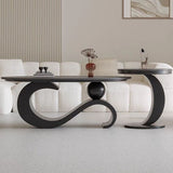 Contemporary Scandinavian Oval Stone-Slab Coffee Table with Carbon Steel Frame for Living Room