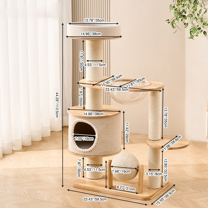 Modern Scandinavian Round Cat Tree with Sisal, Multi-Layer Solid Wood Panels and Acrylic Accents – Stylish Living Room Perch