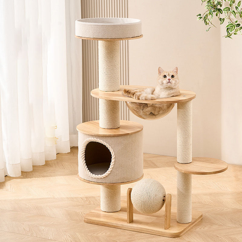 Modern Scandinavian Round Cat Tree with Sisal, Multi-Layer Solid Wood Panels and Acrylic Accents – Stylish Living Room Perch