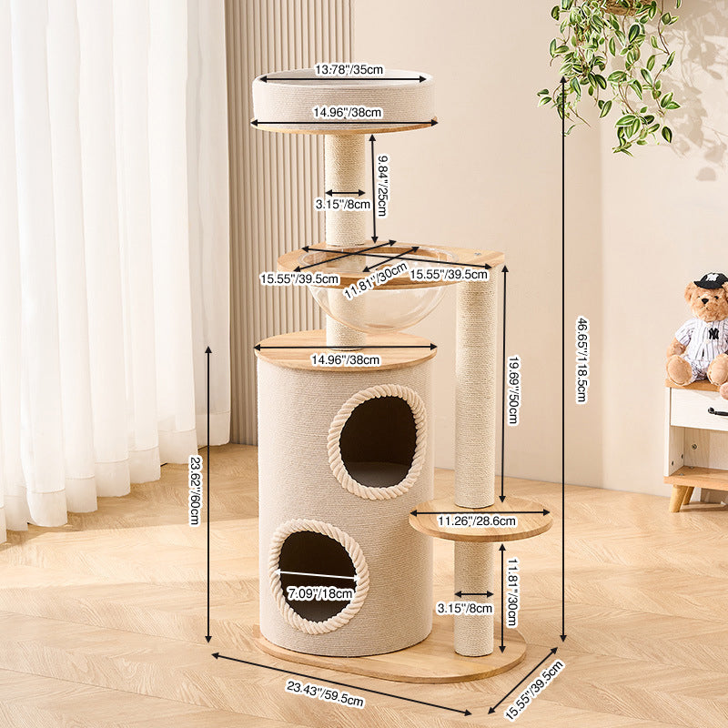 Modern Scandinavian Round Cat Tree with Sisal, Multi-Layer Solid Wood Panels and Acrylic Accents – Stylish Living Room Perch