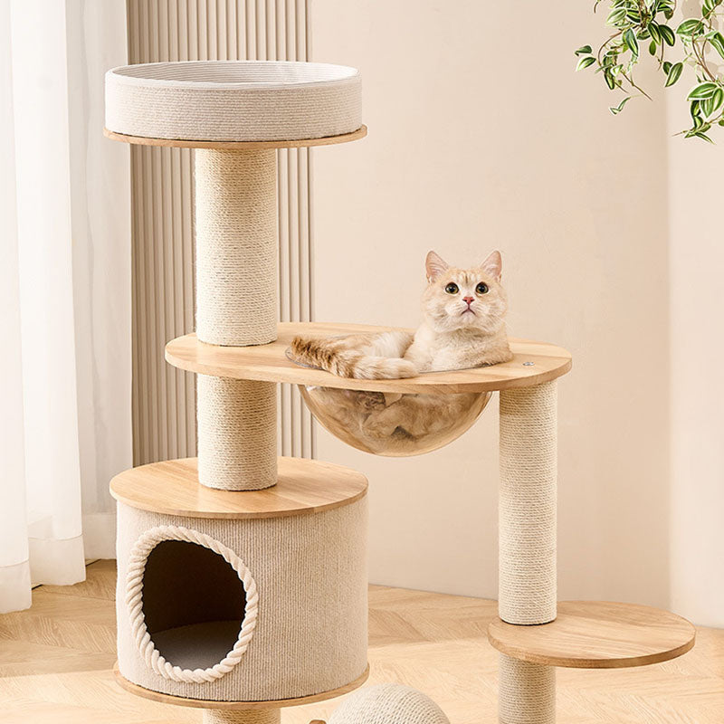 Modern Scandinavian Round Cat Tree with Sisal, Multi-Layer Solid Wood Panels and Acrylic Accents – Stylish Living Room Perch