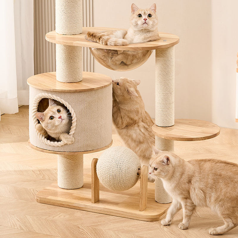Modern Scandinavian Round Cat Tree with Sisal, Multi-Layer Solid Wood Panels and Acrylic Accents – Stylish Living Room Perch