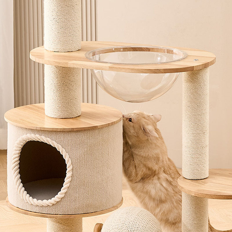Modern Scandinavian Round Cat Tree with Sisal, Multi-Layer Solid Wood Panels and Acrylic Accents – Stylish Living Room Perch