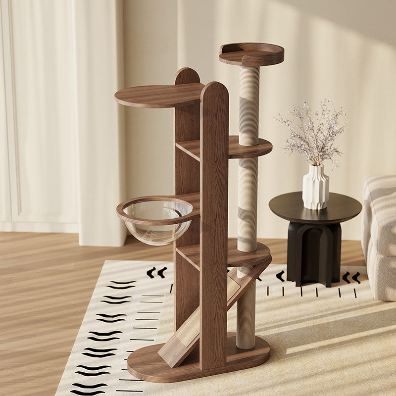 Contemporary Round 4-Tier Cat Tree – Solid Rubberwood with Acrylic & Sisal, Ideal for Living Room