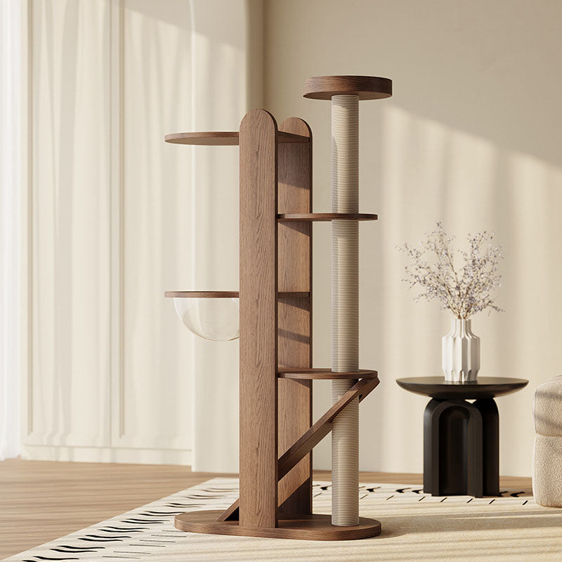 Contemporary Round 4-Tier Cat Tree – Solid Rubberwood with Acrylic & Sisal, Ideal for Living Room