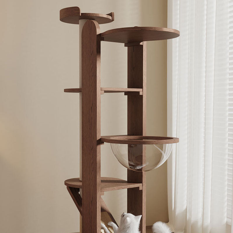 Contemporary Round 4-Tier Cat Tree – Solid Rubberwood with Acrylic & Sisal, Ideal for Living Room