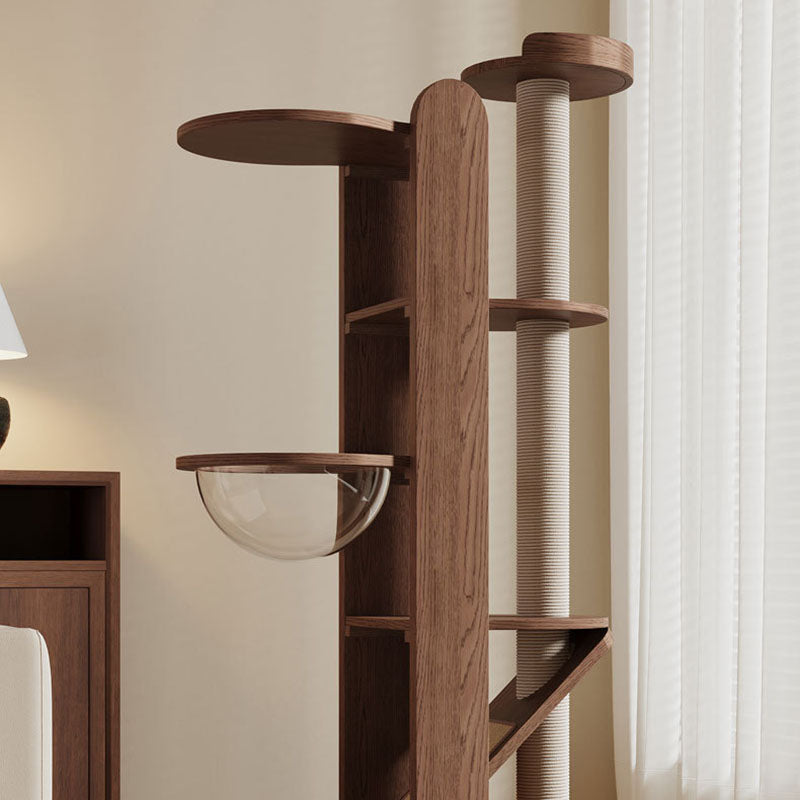 Contemporary Round 4-Tier Cat Tree – Solid Rubberwood with Acrylic & Sisal, Ideal for Living Room