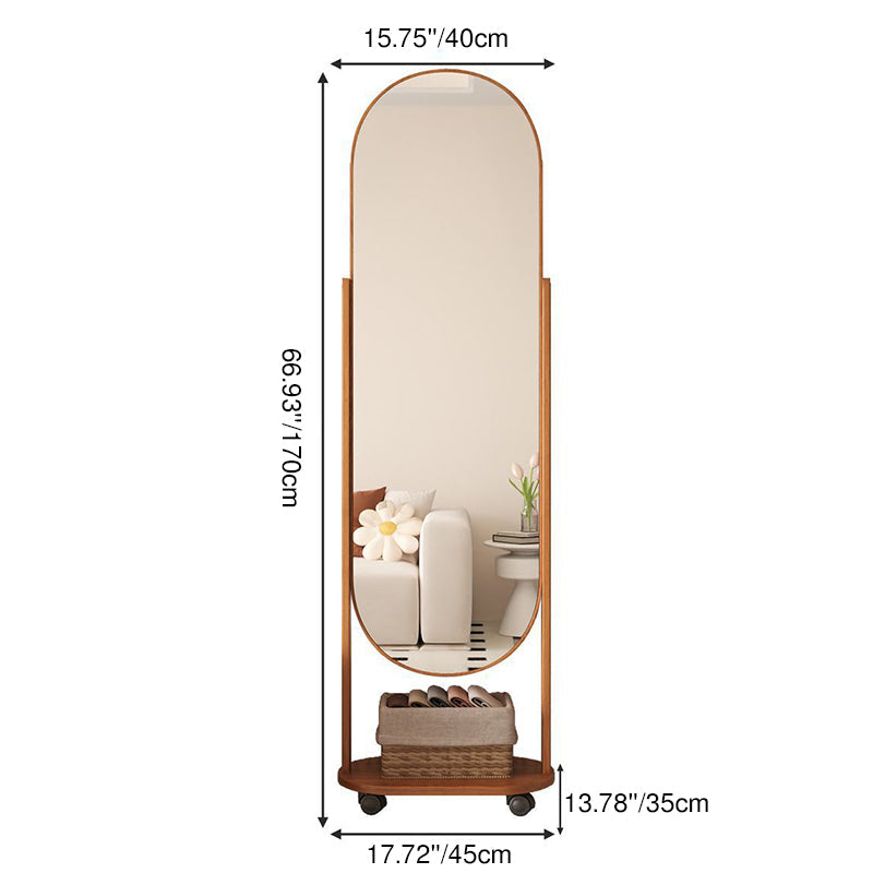 Modern Scandinavian Rectangular Full-Length Mirror with Integrated Plywood Shelf and Glass Surface for Bedroom