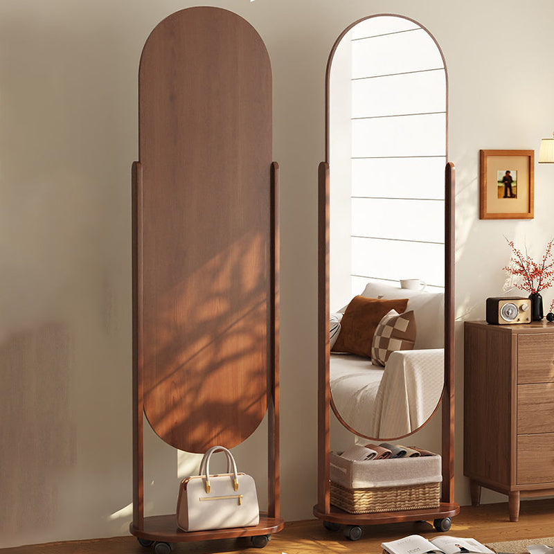 Modern Scandinavian Rectangular Full-Length Mirror with Integrated Plywood Shelf and Glass Surface for Bedroom