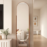 Modern Scandinavian Rectangular Full-Length Mirror with Integrated Plywood Shelf and Glass Surface for Bedroom