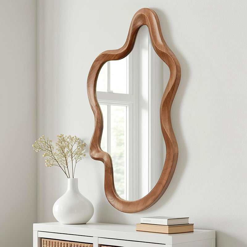 Traditional French-Style Irregular Wavy Rubberwood Solid Wood Wall Mirror with Tempered Glass for Bedroom