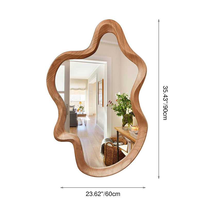 Traditional French-Style Irregular Wavy Rubberwood Solid Wood Wall Mirror with Tempered Glass for Bedroom