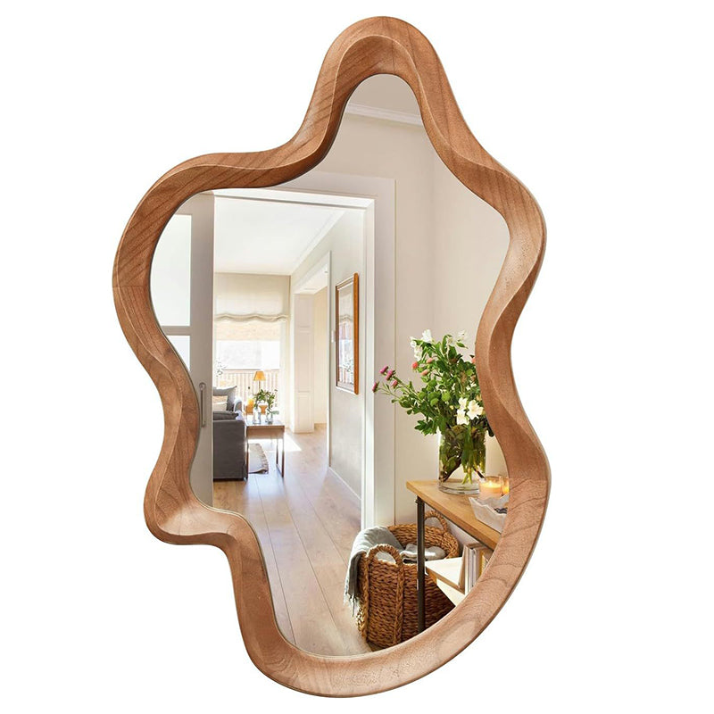 Traditional French-Style Irregular Wavy Rubberwood Solid Wood Wall Mirror with Tempered Glass for Bedroom