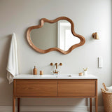 Traditional French-Style Irregular Wavy Rubberwood Solid Wood Wall Mirror with Tempered Glass for Bedroom