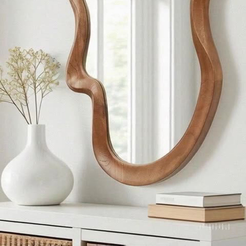 Traditional French-Style Irregular Wavy Rubberwood Solid Wood Wall Mirror with Tempered Glass for Bedroom