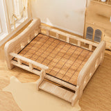 Modern Rectangular Fabric Pet Bed with Rattan Accent and Solid Pine Wood Frame for Bedroom
