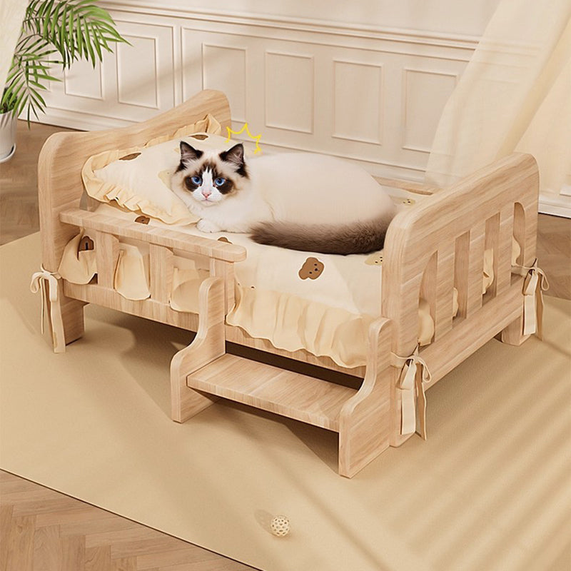 Modern Rectangular Fabric Pet Bed with Rattan Accent and Solid Pine Wood Frame for Bedroom