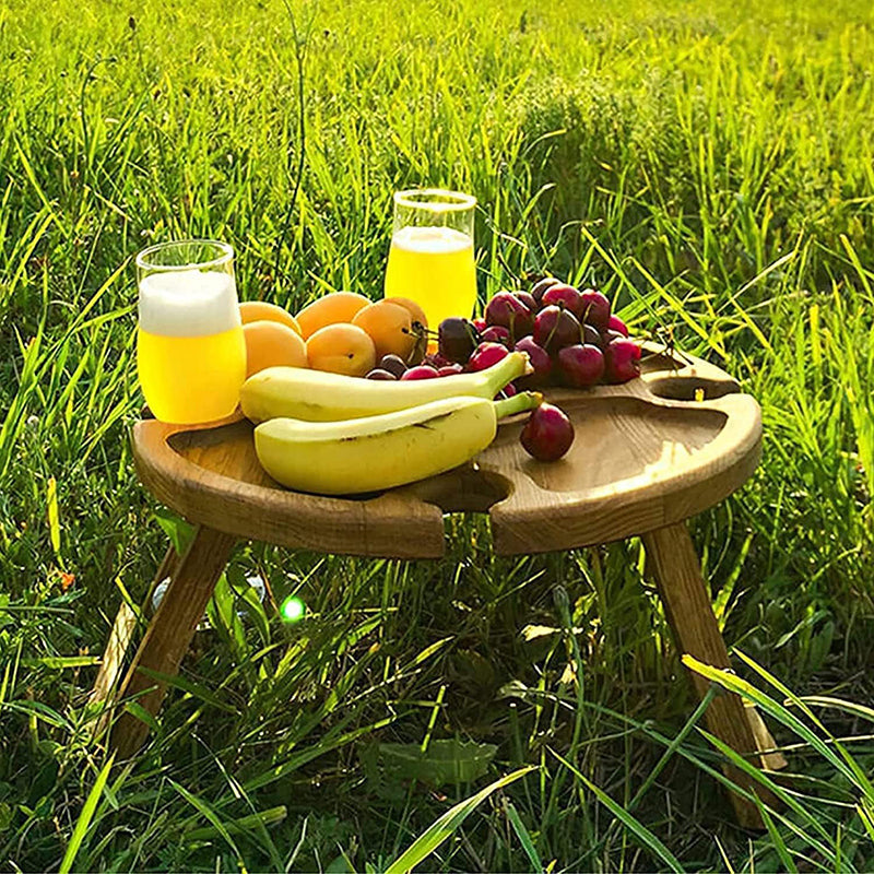 Traditional Japanese Round Solid Pine Wood Foldable Side Table with Fruit Tray for Outdoor Use