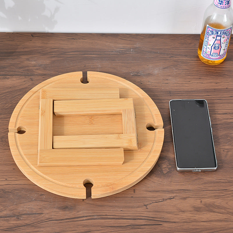 Traditional Japanese Round Solid Pine Wood Foldable Side Table with Fruit Tray for Outdoor Use