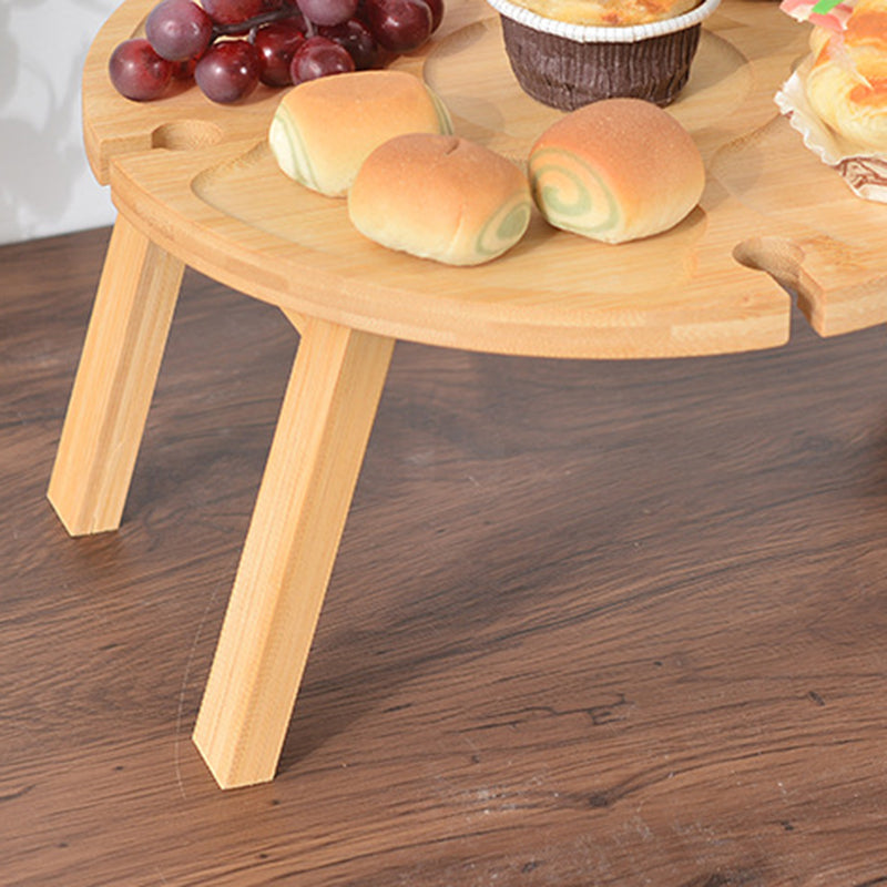 Traditional Japanese Round Solid Pine Wood Foldable Side Table with Fruit Tray for Outdoor Use