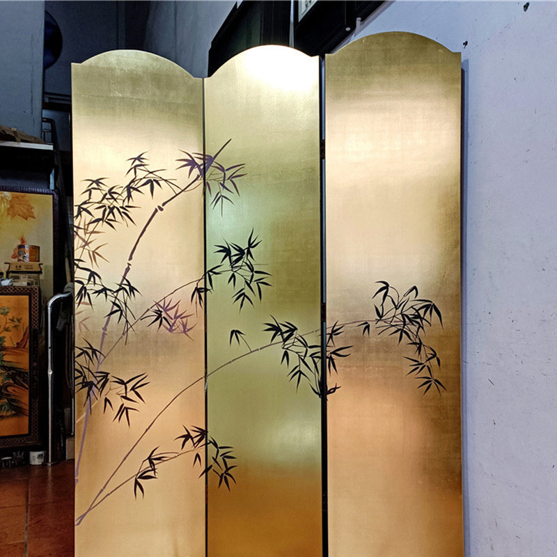 Elegant Traditional Chinese Rectangular Room Divider with Gold Leaf — Foldable, Hand-Painted, Solid Wood and Plywood for Living Room