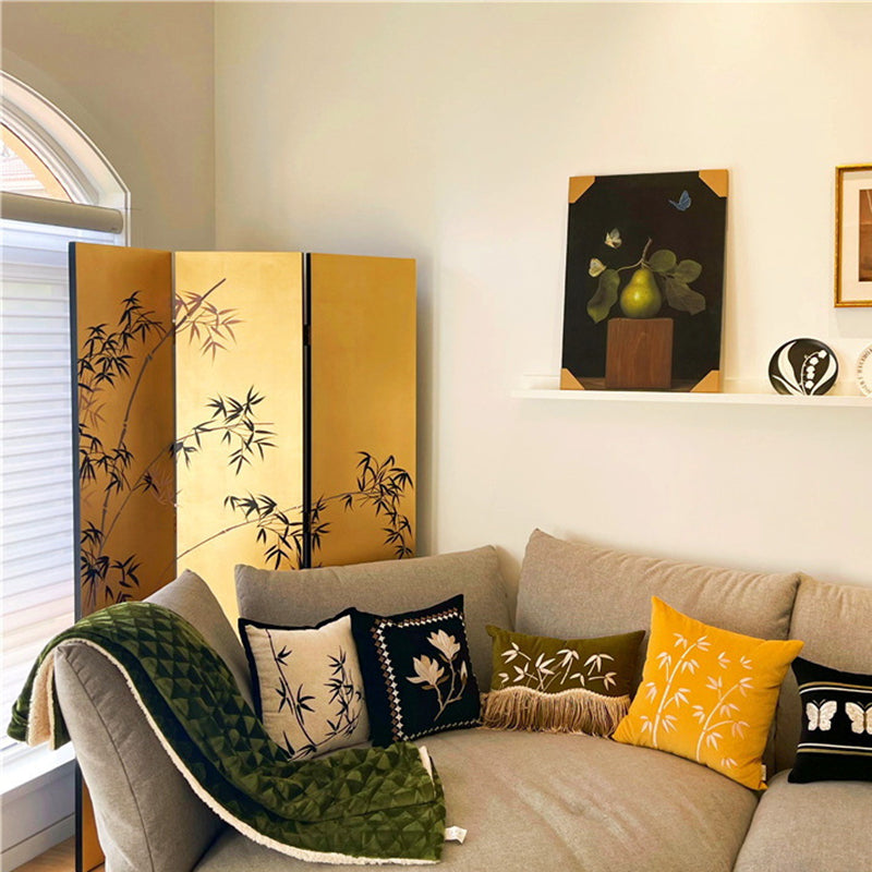 Elegant Traditional Chinese Rectangular Room Divider with Gold Leaf — Foldable, Hand-Painted, Solid Wood and Plywood for Living Room