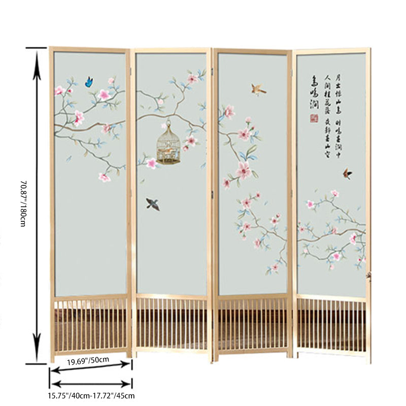 Traditional Chinese Rectangular Room Divider – Foldable, Solid Pine Wood with PVC Panels for Living Room