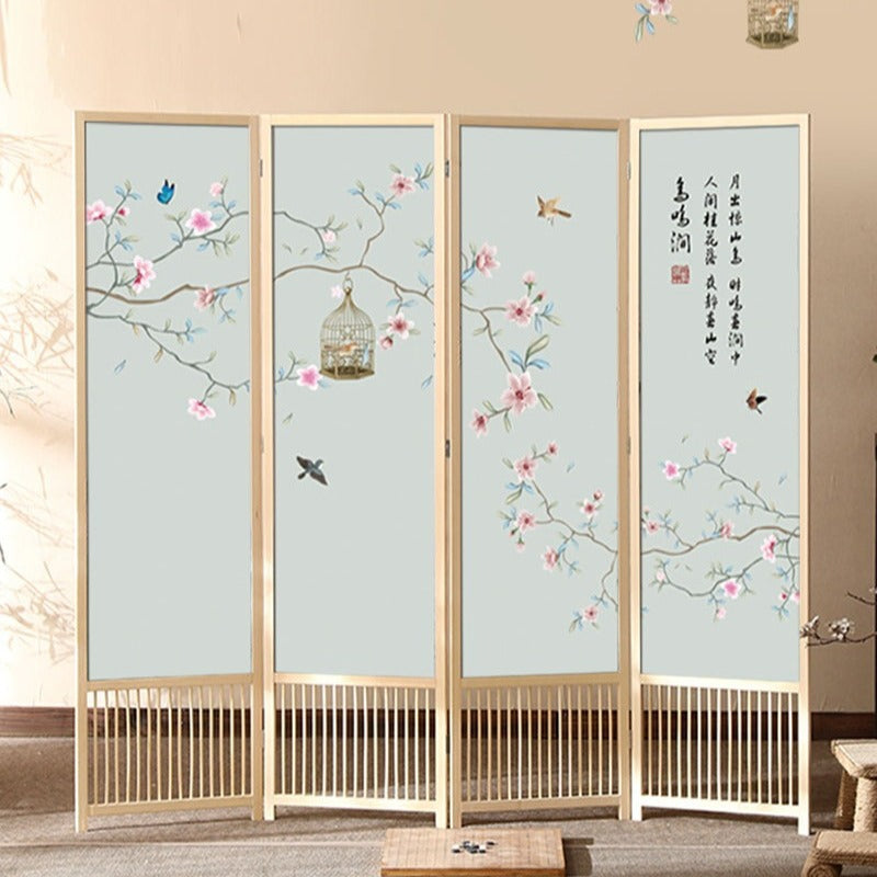 Traditional Chinese Rectangular Room Divider – Foldable, Solid Pine Wood with PVC Panels for Living Room