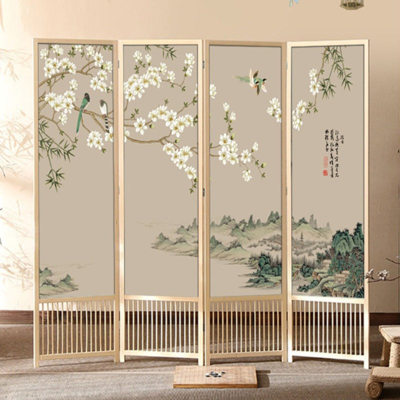 Traditional Chinese Rectangular Room Divider – Foldable, Solid Pine Wood with PVC Panels for Living Room