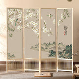 Traditional Chinese Rectangular Room Divider – Foldable, Solid Pine Wood with PVC Panels for Living Room