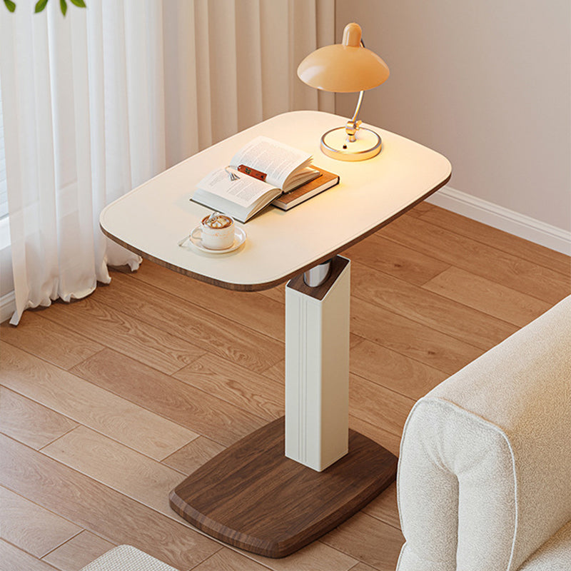 Contemporary Scandinavian Rectangular Side Table with Saddle Leather Top, MDF Construction, Height-Adjustable Swivel Base for Living Room