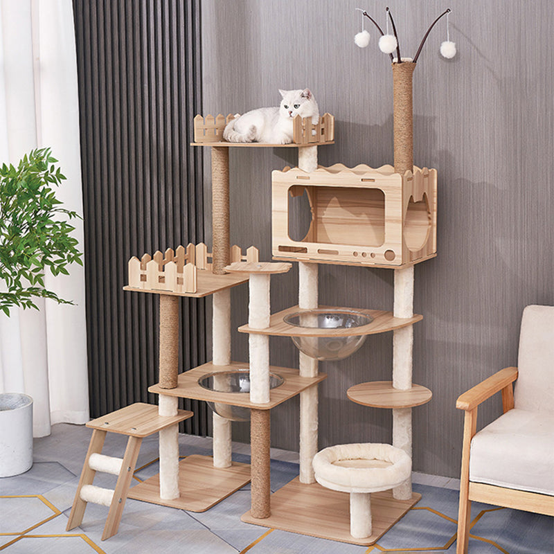 Modern Scandinavian Rectangular MDF Cat Tree with Acrylic Accents — Multi-Functional Living Room Furniture