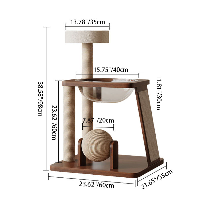 Contemporary Scandinavian Round Rubberwood Cat Tree – Solid Wood with Acrylic Details, Multi-Functional for Living Room